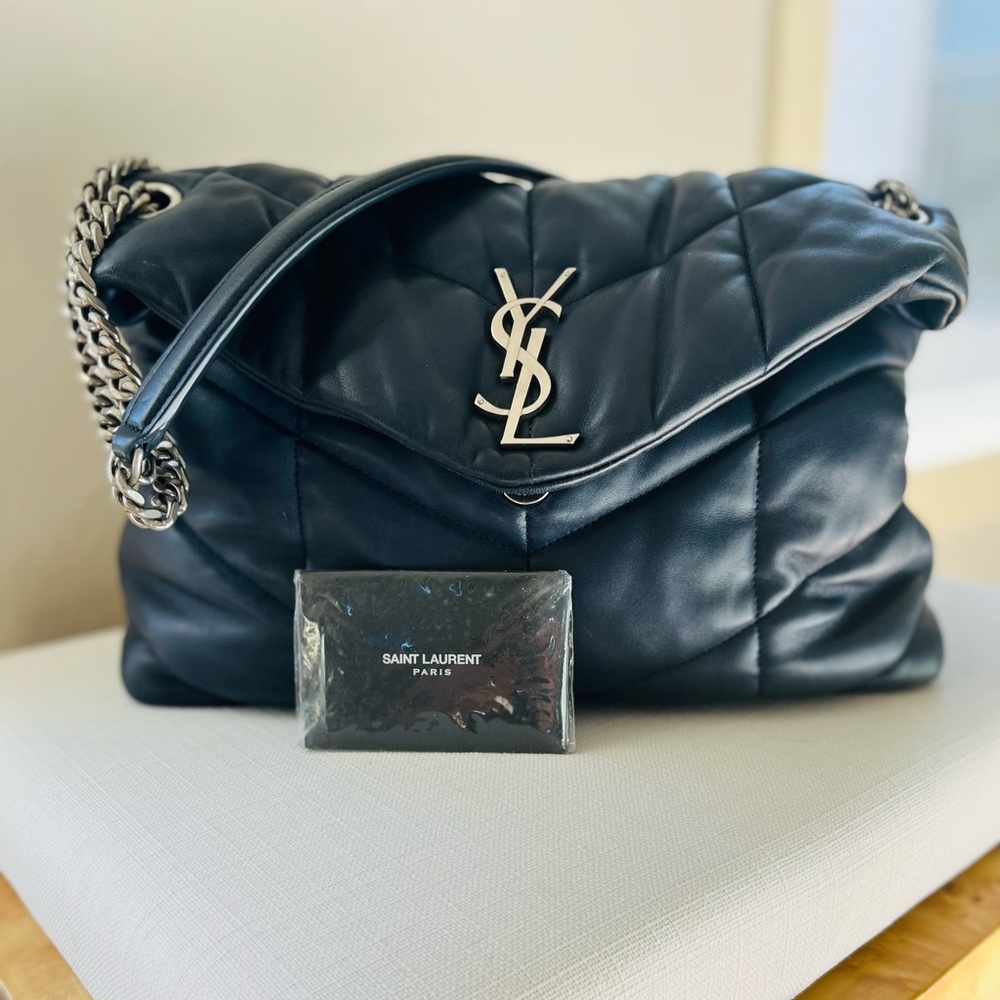 Loulou Puffer Medium YSL Flap Shoulder Bag. Navy Blue.